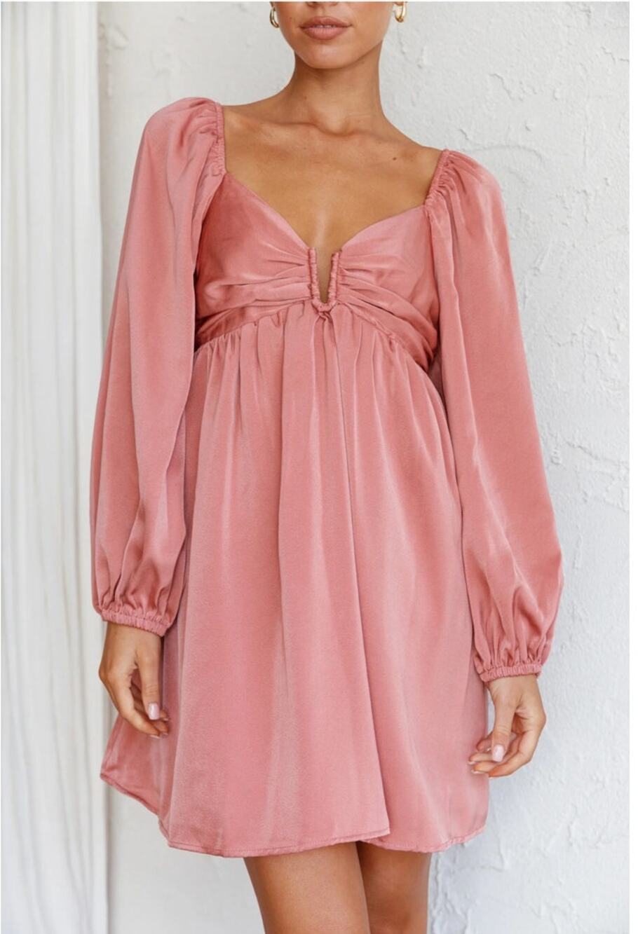 The Post Satin Long Sleeve Mini Dress Lace-Up Back Coquette Pink Party L